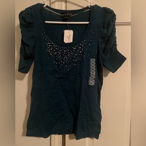 August Silk Ladies SS Scoop Neck Turquoise Sweater Top Small NWT